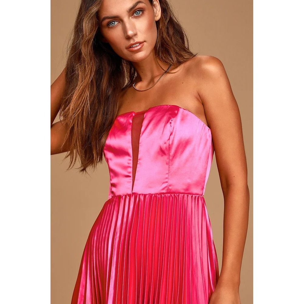 Lulus Just Like a Movie Magenta Strapless Pleated Midi Dress NWT Large - Picture 3 of 11